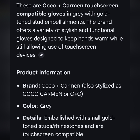 Coco + Carmen Gray Gloves with Gold Accents Women's One Size - Picture 2 of 7